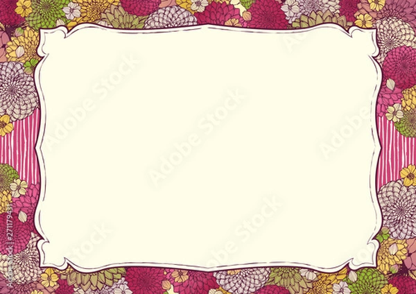 Obraz 和柄の背景素材　レトロ　アンティーク　和風　着物風　手書きの花柄　結婚式のフレーム素材