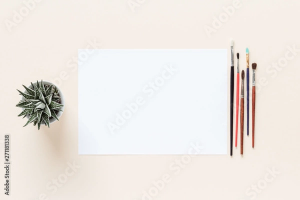 Fototapeta brush paper cactus desk top view with copy space for your text. flat lay. 
