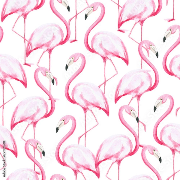 Fototapeta Watercolor pattern with pink flamingos. The illustrations are drawn by hand