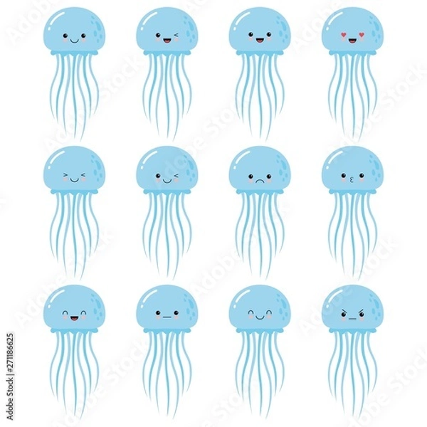 Obraz Set Vector Stock Illustrations isolated Emoji character cartoon jellyfish stickers emoticons with different emotions.