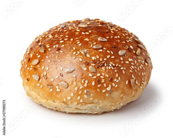 Fototapeta Hamburger bun with sesame and sunflower seeds. Fast food. Isolated on white background.