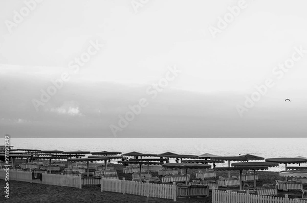 Fototapeta Summer evening on beach with striped white wood fence and stacked deck chairs under beach umbrellas on sand. Black sea landscape in dusk with flying seagull. Tranquility concept. Black and white photo