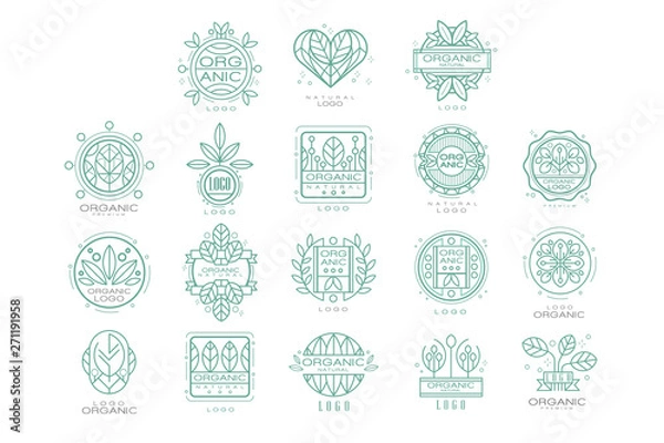 Fototapeta Vector set of original organic logos. Linear emblems with abstract leaves for natural cosmetics, eco food products or wellness center