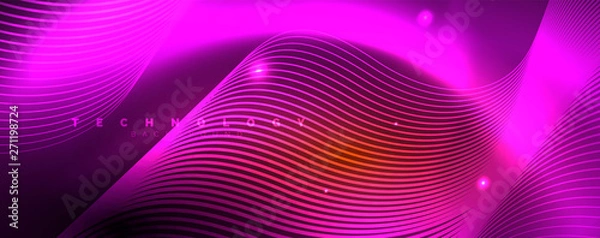 Fototapeta Bright neon circles and wave lines, glowing shiny background design template, digital techno concept.