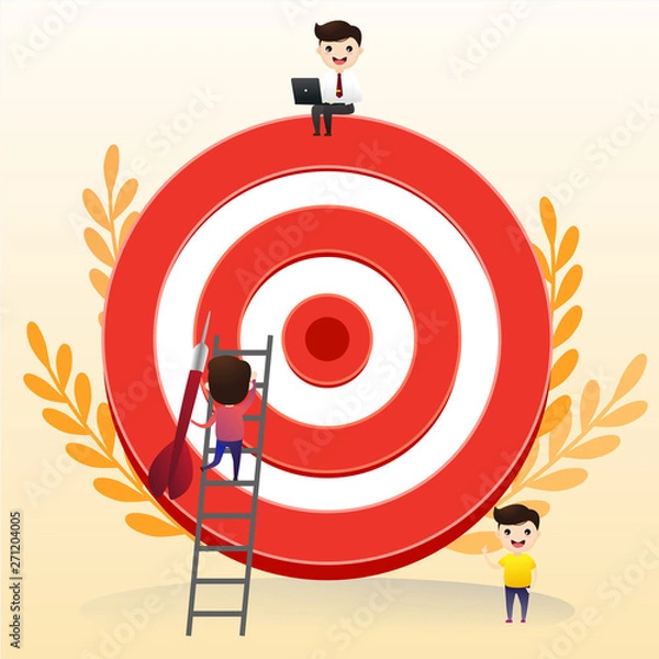 Fototapeta Businessman directs the arrow to the target. Aim in business concept. Businessmen working and woman at big target with arrow. Goals and objectives, business grow and plan. vector, illustration.