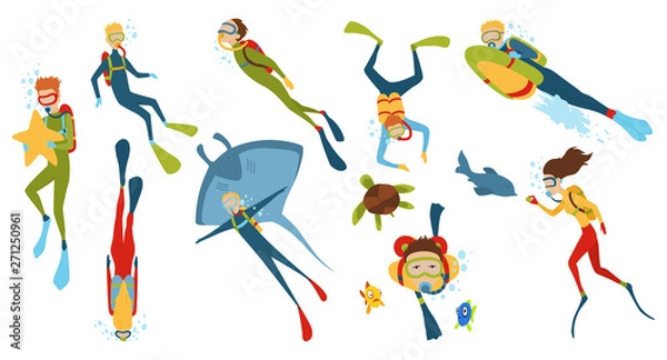 Fototapeta Set of cartoon characters. Underwater divers man and woman with snorkel and mask, vector illustration.