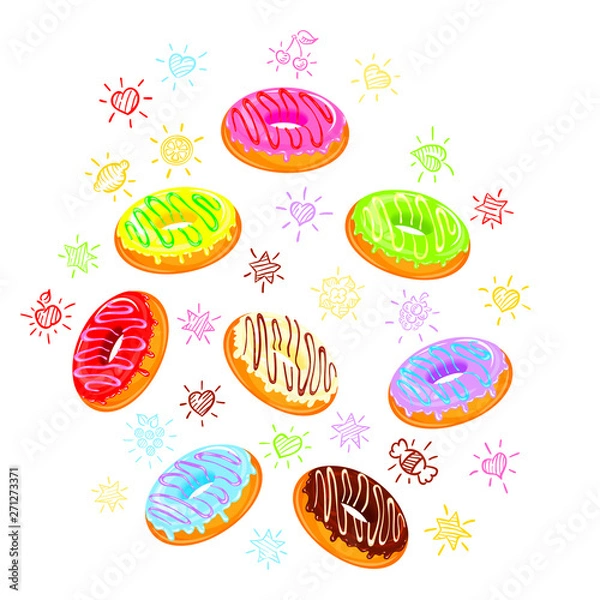 Fototapeta Donuts with caramel and cute doodles