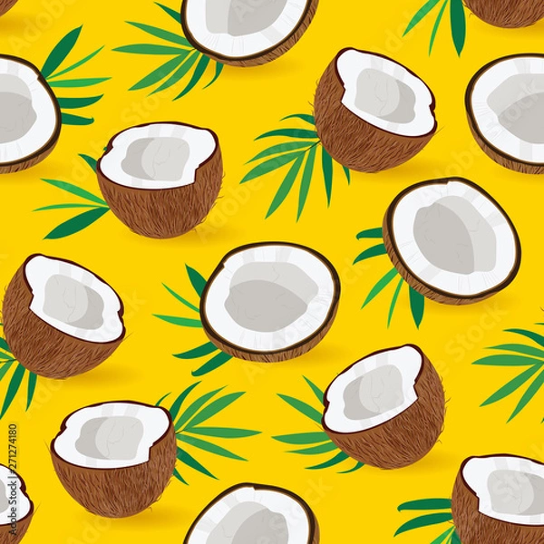Obraz Seamless pattern coconut piece on yellow background, Vector illustration