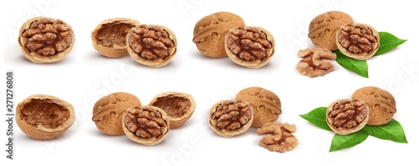 Fototapeta Wallnuts. Whole walnut, peeled walnut, half walnut, walnut shell, walnut kernel, walnuts with leaves isolated on white background. Collection. Set.