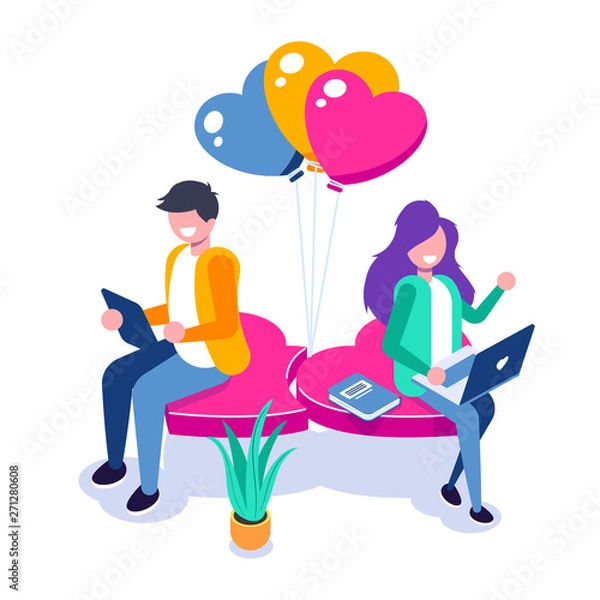 Fototapeta Young girl and a guy chatting sitting on a heart. Use portable devices for dating on the Internet or social networks. Vector isometric 3d illustration.