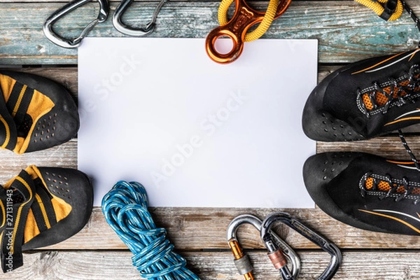 Obraz Climbing gear, equipment belaying carabiners, loops, ropes, climbing shoes with space for text