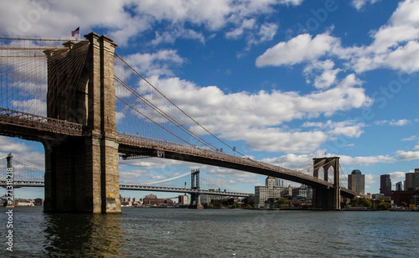 Fototapeta brooklyn bridge new york - view from fulton fish market with manhattan bridge in background