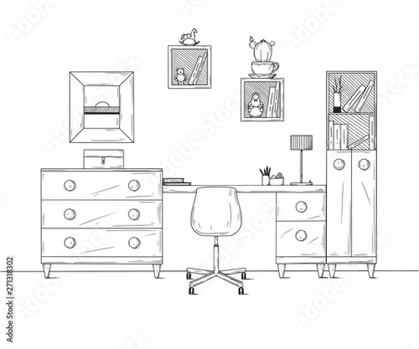 Fototapeta Sketch the room. Office chair, desk, various objects on the table. Sketch workspace. Vector