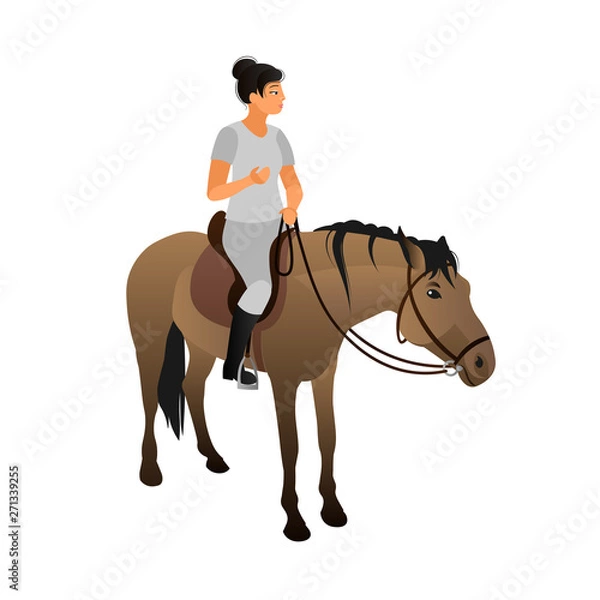 Obraz Girl riding a beige horse with a black mane. Horseback riding, a woman sits in the saddle with a bridle in her hands on a buckskin mare. Vector illustration on white background with flat cartoon style