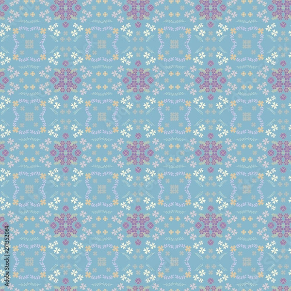 Fototapeta Beautiful vector floral pattern with pastel flowers on a gentle blue background.