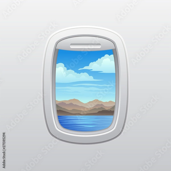 Fototapeta Calm sea on a background of brown mountains. View from the window of the plane. Vector illustration on white background.
