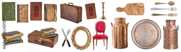 Fototapeta Zestaw pięknych zabytkowych przedmiotów, ramy do zdjęć, meble, sztućce. Retro. Zabytkowe. Na białym tle