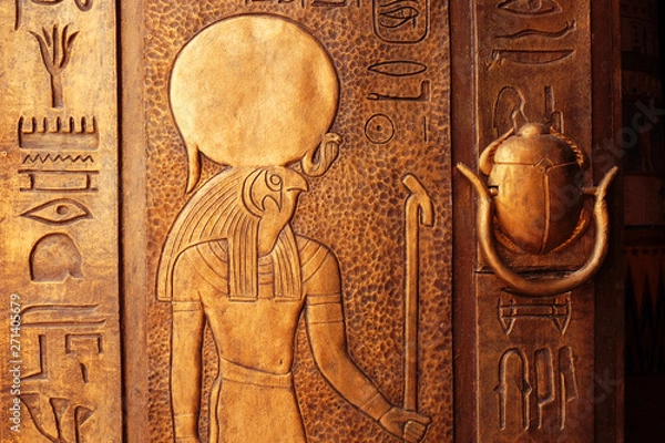 Obraz Ancient egypt scene. Hieroglyphic carvings on the exterior walls of an ancient egyptian temple