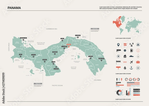 Obraz Vector map of Panama. Country map with division, cities and capital. Political map,  world map, infographic elements.