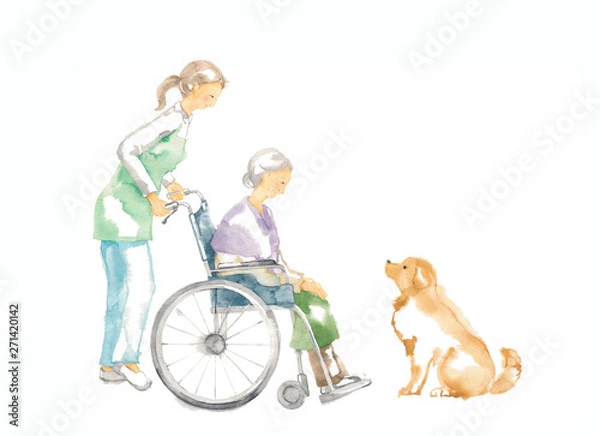 Obraz 車椅子のおばあさん、介護と犬