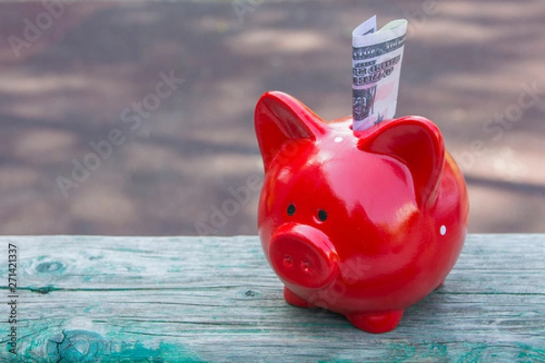 Fototapeta Red Piggy Bank side view. Red piggy bank stuffed with dollar bills