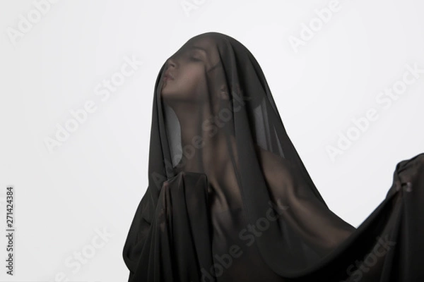 Obraz Girl in a black transparent veil on the face. Conceptual portrait in the studio. Minimalism.