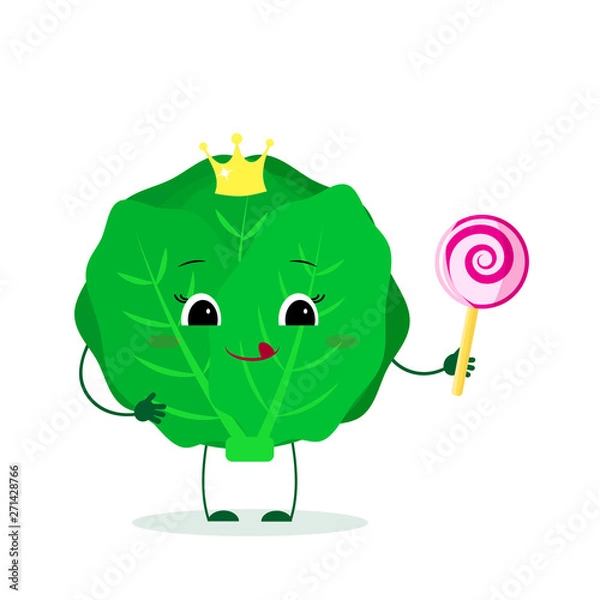 Obraz Kawai cute cabbage vegetable cartoon character in a crown with a lollipop. Logo, template, design. Vector illustration, flat style