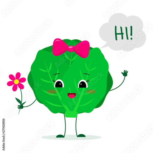 Obraz Kawaii cute cabbage vegetable cartoon character with a pink bow holding a flower and welcomes. Logo, template, design. Vector illustration, a flat style