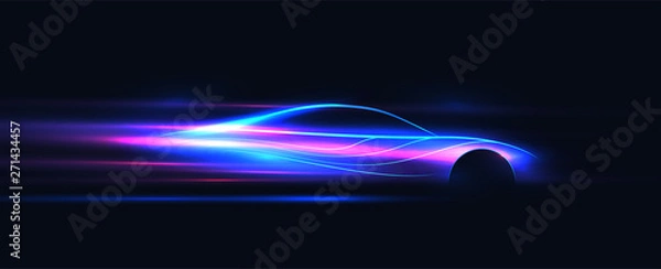 Fototapeta Widok z boku neon świecąca sylwetka samochodu sportowego. Streszczenie ilustracji wektorowych w nowoczesnym stylu.