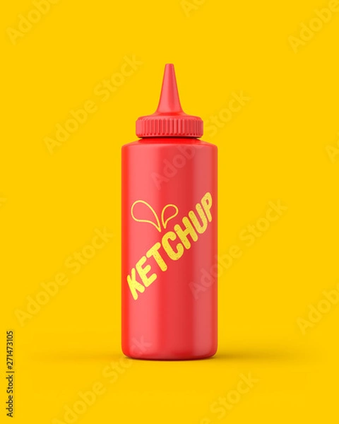 Fototapeta Ketchup squeeze bottle on a yellow background. 3d render. Front view. Conceptual Scenes Series.