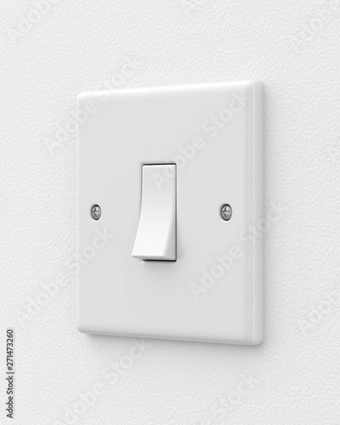 Fototapeta Single light switch on a white wall. 3d render. Angled view. Home Interiors Series.