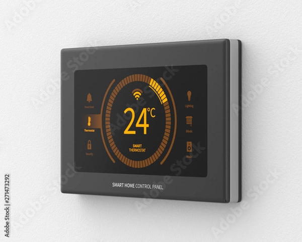 Fototapeta Smart home control panel mounted on a white wall. 3d render. Angled view. Smart Home Series.