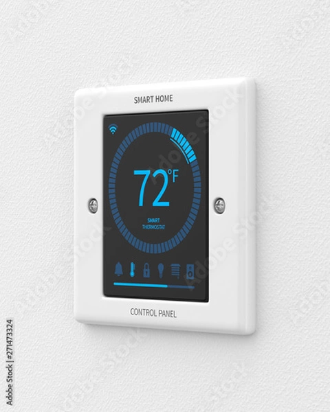 Fototapeta Smart home control panel mounted on a white wall. 3d render. Angled view. Smart Home Series.