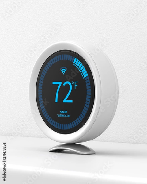 Fototapeta Smart thermostat on a white stand against a white wall. 3d render. Angled view. Smart Home Series.