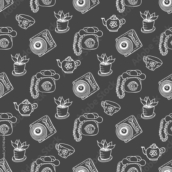 Obraz Retro vintage phone seamless pattern on dark background, chalk drawing, outline, vector