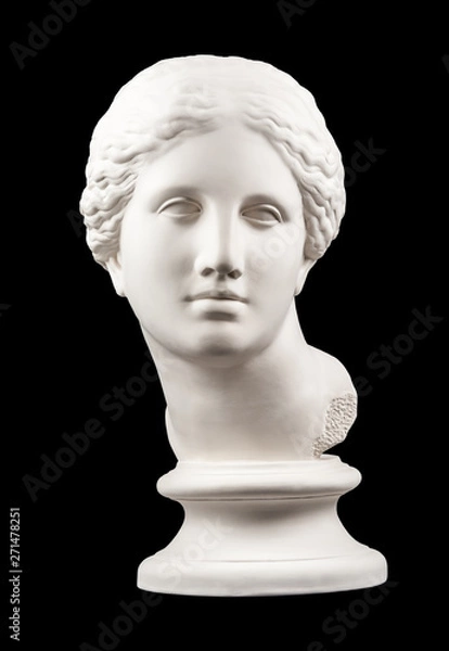 Obraz Gypsum copy of ancient statue Venus head isolated on black background. Plaster sculpture woman face.