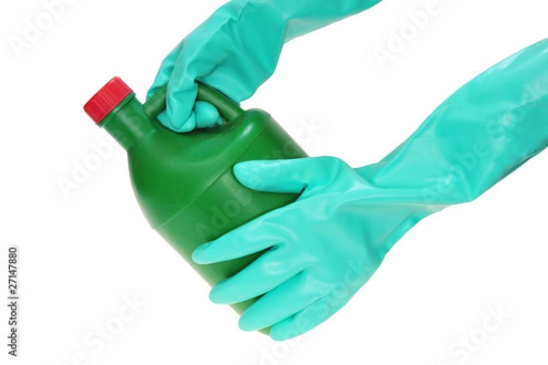 Obraz Using Rubber Gloves To Handle Chemical Bottle