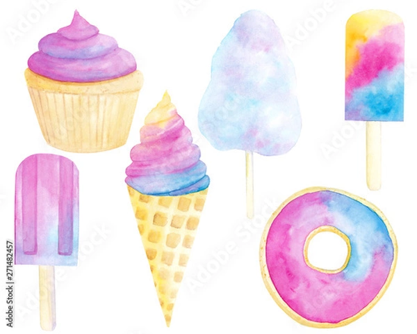 Fototapeta Watercolor hand drawn set with summer desserts isolated on white backgroud