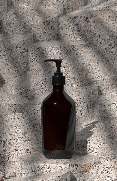 Fototapeta Abstract terrazzo cylinder pillar.Block bottle on minimal round podium stand background or wallpaper for product presentation. Fashion magazine illustration. 3d render illustration. - Illustration