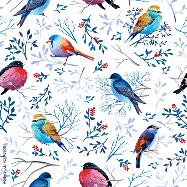 Fototapeta Gouahe seamless pattern with bright birds on branches with leaves