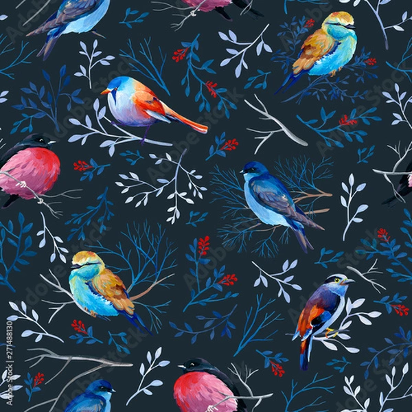 Fototapeta Gouahe seamless pattern with bright birds on branches with leaves on dark background