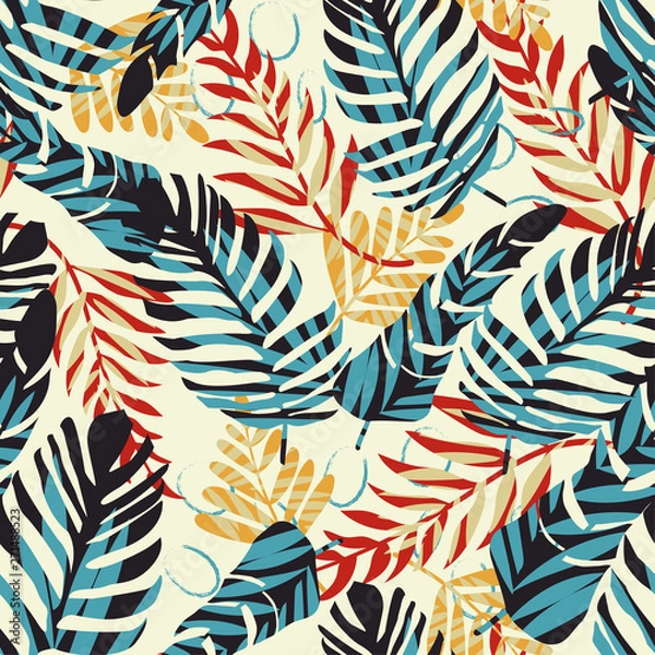 Fototapeta Bright seamless pattern with tropical leaves and plants on beige background. Vector design. Jungle print. Textiles and printing. Floral background.
