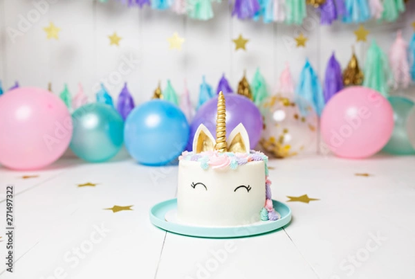 Fototapeta Unicorn Cake with Balloons and Streamers