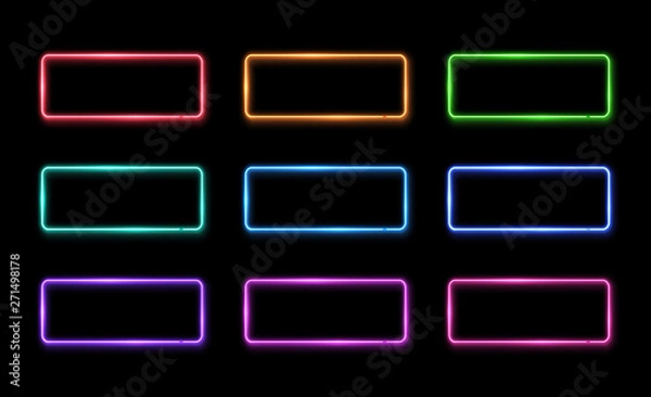 Fototapeta Colorful neon frame set. Square shape signs collection. Design element template. Led or halogen lamp border. 1980s style 3d electric neon tubes. Brightly lit illuminated rectangle vector illustration.