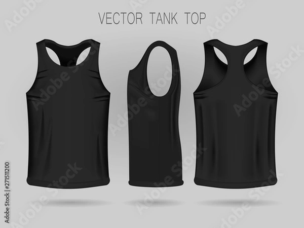 Fototapeta Men's black tank top template in three dimensions: front, side and back view. Blank of realistic male sport shirts