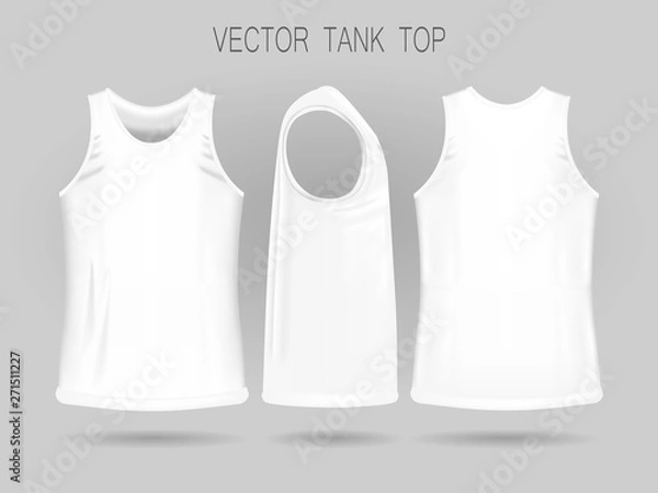 Fototapeta Men's white tank top template in three dimensions: front, side and back view. Blank of realistic male sport shirts