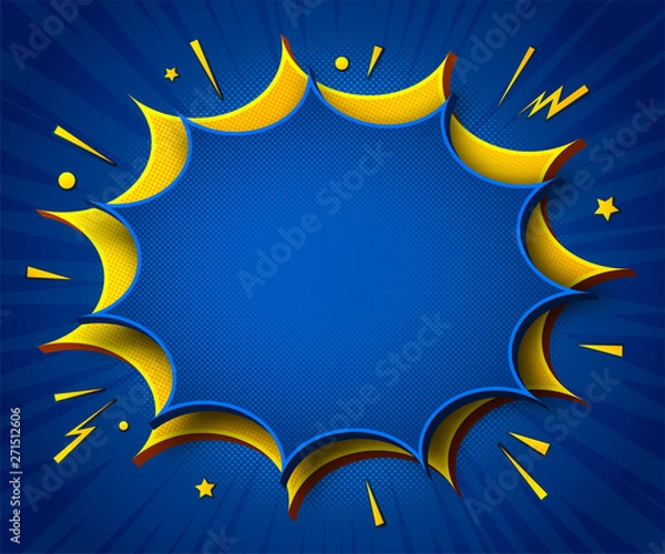 Fototapeta Comics background. Cartoon poster in pop art style with yellow-blue speech bubbles with halftone and sound effects. Funny colorful banner with place for text on blue backdrop with radial stripes