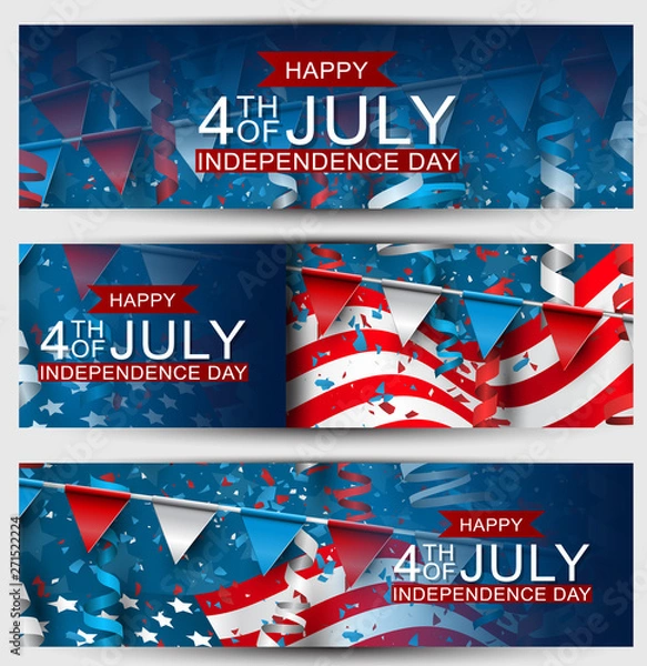 Fototapeta 4th of July United States national Independence Day celebration banner set with blue, red, and white confetti for a website header or advertisement