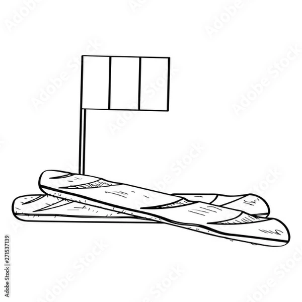 Fototapeta Isolated baguette with a flag. Traditional french bread - Outline Vector