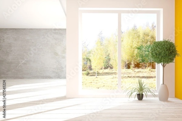 Fototapeta Stylish empty room in white color with autumn landscape in window. Scandinavian interior design. 3D illustration